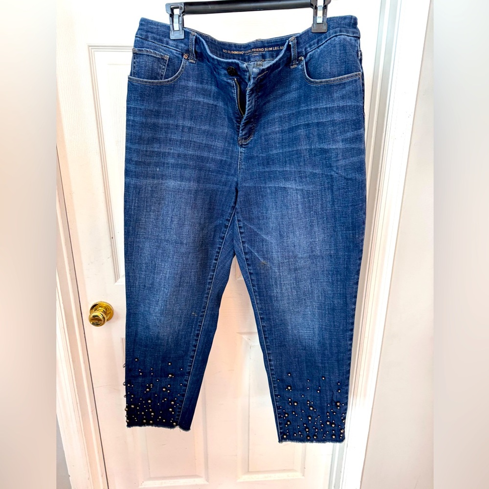 Chico’s girlfriend slim leg ankle jeans w/ black pearls on bottom